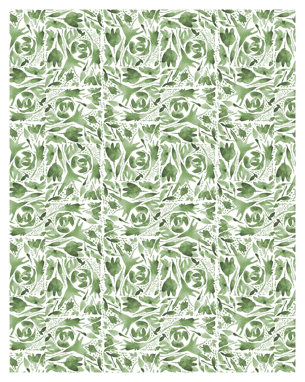 Repeating watercolor floral design in sage greens. Print measures 16x20 inches