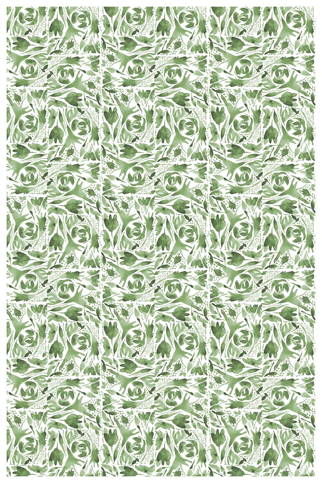 Repeating watercolor floral design in sage greens. Print measures 24x36 inches