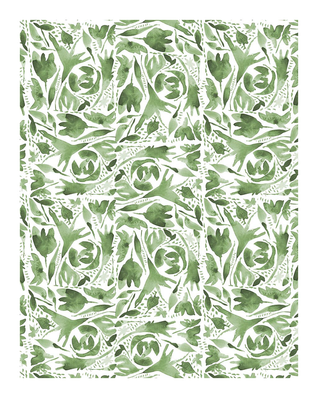 Repeating watercolor floral design in sage greens. Print measures 8x10 inches