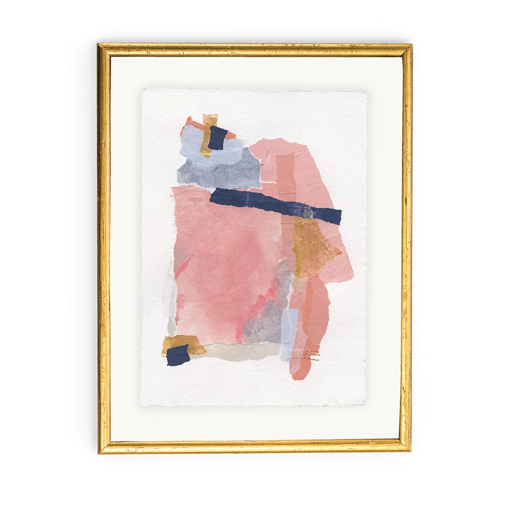 mixed media collage on white paper with textural areas and color blocks. Accents of gold. Framed on a hinge  with a minimal gold frame. Framed work shown on white ground.