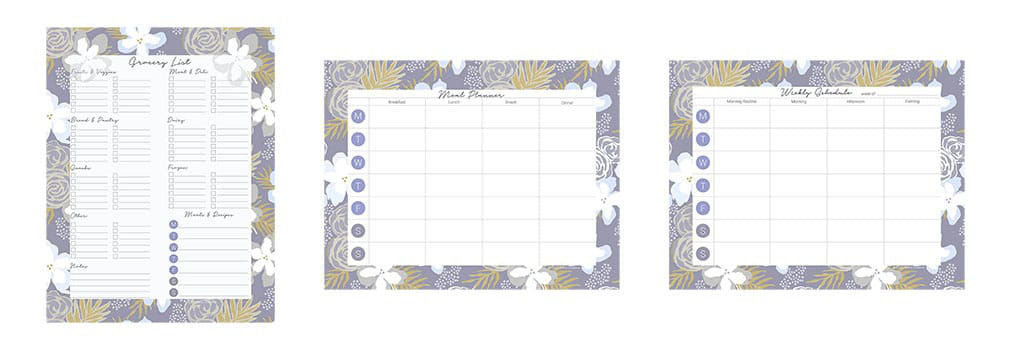 3 downloadable planning pages for grocery list, meal planner, and weekly schedule sold as a bundle. Border design is a floral botanical with gray blue yellow white. 