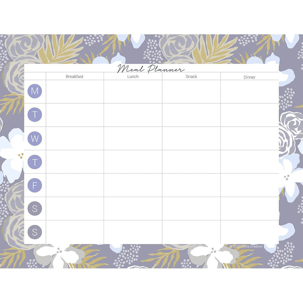Weekly meal planning pdf download with boxes for each day of the week and breakfast, lunch, dinner, and snack. Pattern border is floral with blues, grays, and yellows
