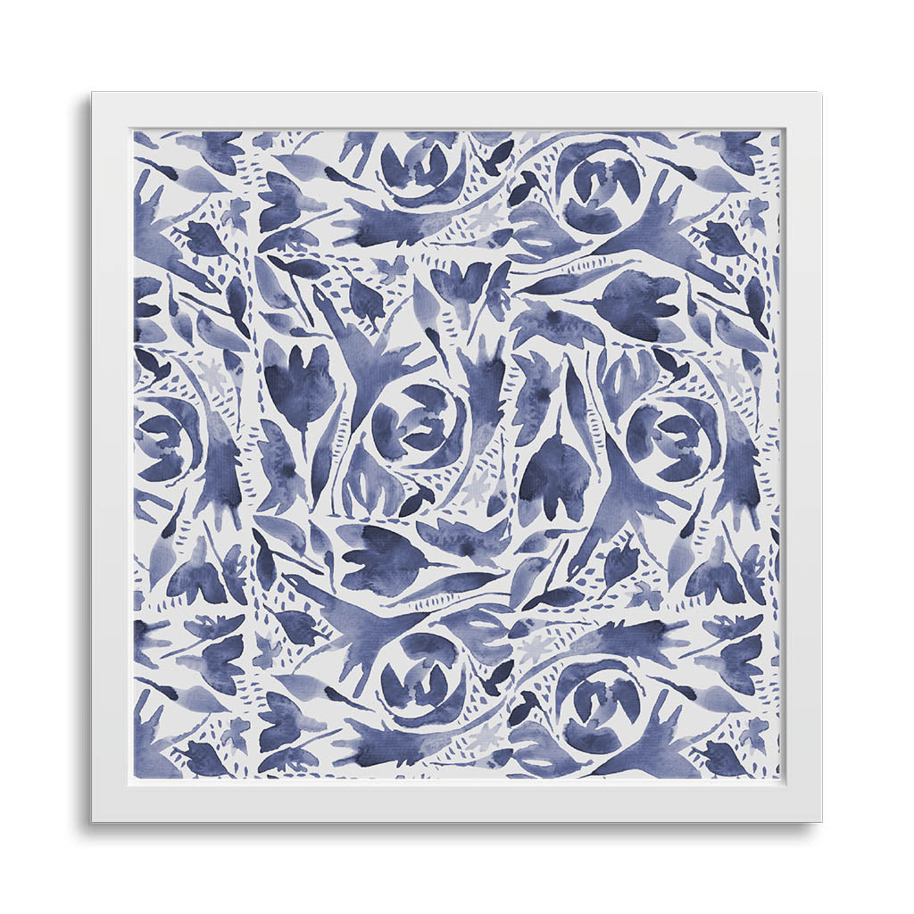 Mini square 8x8 art print in white frame showing indigo watercolor folk art design