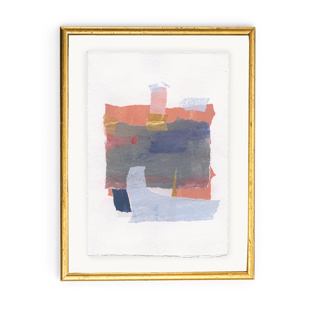 mixed media acrylic paint on paper abstract artwork. color blocks and textured areas in gray, blue, salmon, pink, navy, and gold. Shown in gold frame with simple profile design. 6x8” unframed. 