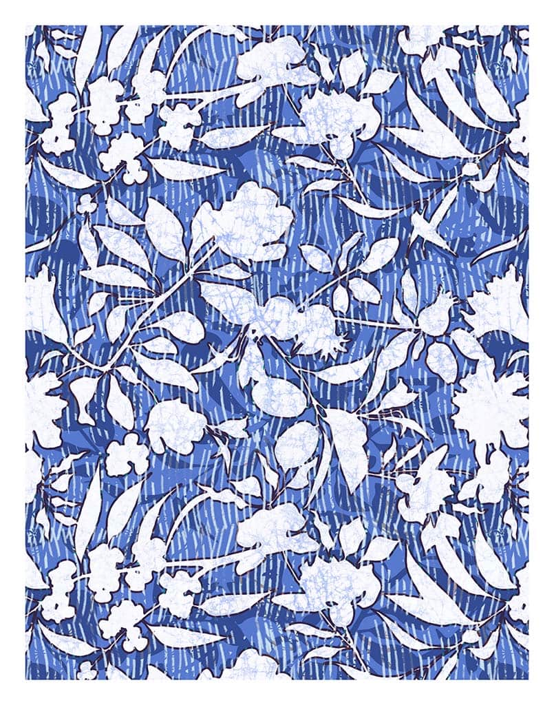 11x14 Fine art print by Jenny Bova. Blue linear pattern in background with white silhouetted floral and leaf shapes in the foreground. Small white border for artists signature