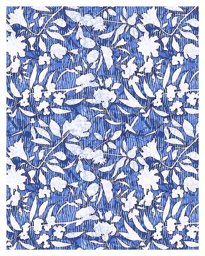 16x20 Fine art print by Jenny Bova. Blue linear pattern in background with white silhouetted floral and leaf shapes in the foreground. Small white border for artists signature