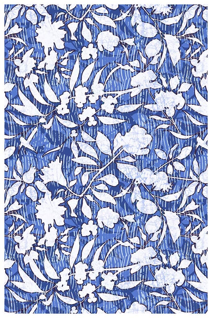 24x36 Fine art print by Jenny Bova. Blue linear pattern in background with white silhouetted floral and leaf shapes in the foreground. Small white border for artists signature