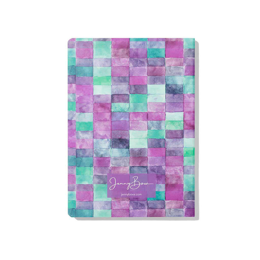 Back cover of Jenny Bova&#39;s Bijou Rectangles notebook, which features watercolor rectangles in pinks, purples, blues, and greens.  Close to the bottom is a purple rectangle with the Jenny Bova logo on it in white.