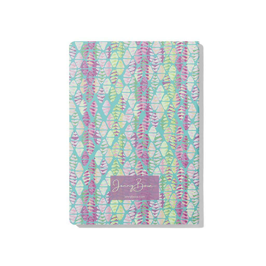 Back cover of Jenny Bova&#39;s Signature Triangles notebook, which features a diamond pattern in pinks, purples, greens, and teals. Close to the bottom is a purple rectangle with the Jenny Bova logo on it in white.
