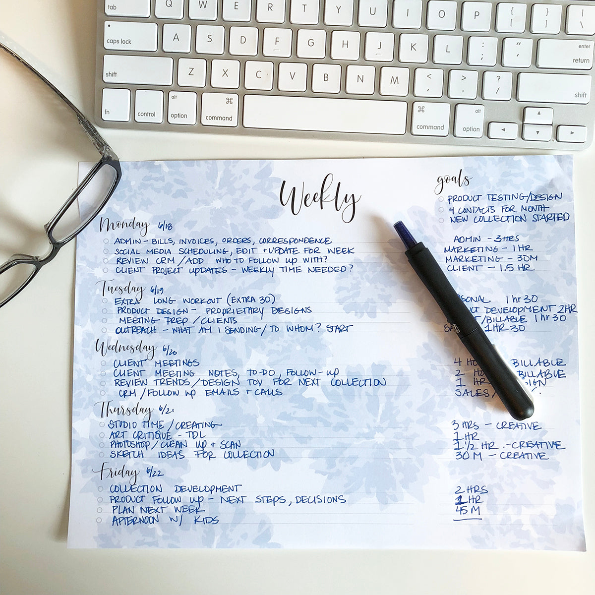 Weekly notepad blue on white example of how to use